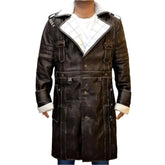 Manteau de combat long en cuir de vachette marron pur coupe slim classique pour homme